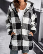 Plaid hooded zip-front loose overcoat, black and white check fleece.