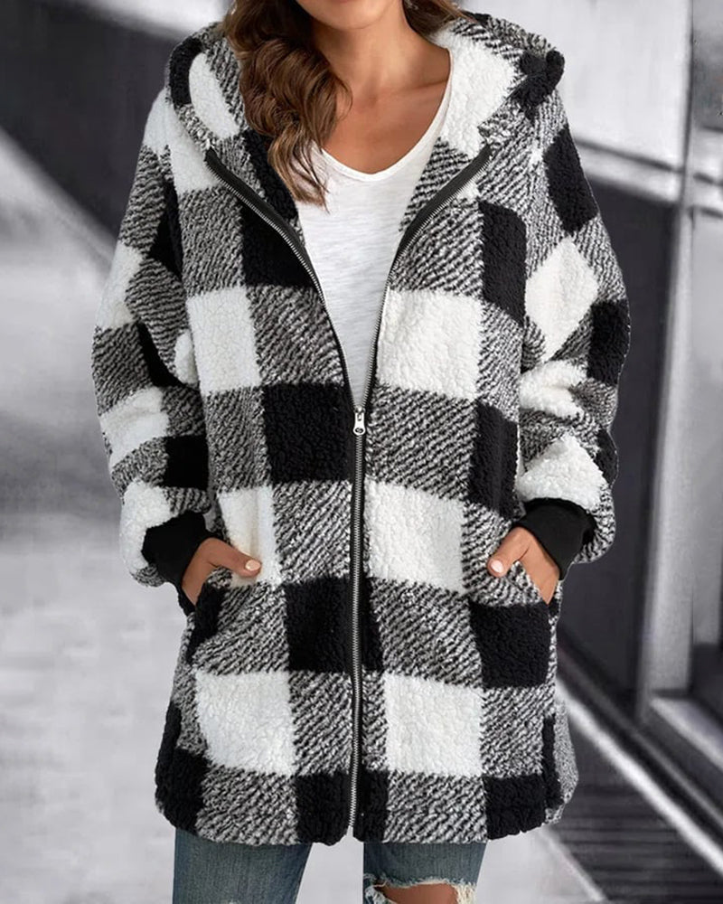 Plaid hooded zip-front loose overcoat, black and white check fleece.