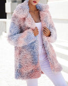 Multicolor oversized fleece teddy jacket with open front and shaggy sherpa texture