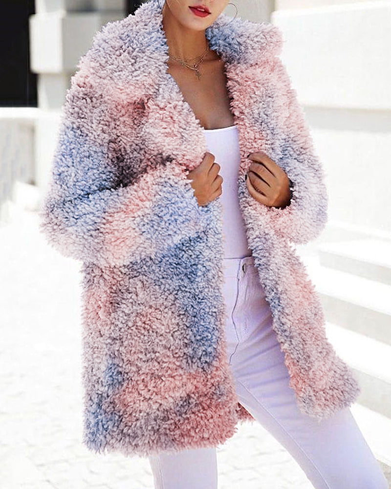 Multicolor oversized fleece teddy jacket with open front and shaggy sherpa texture