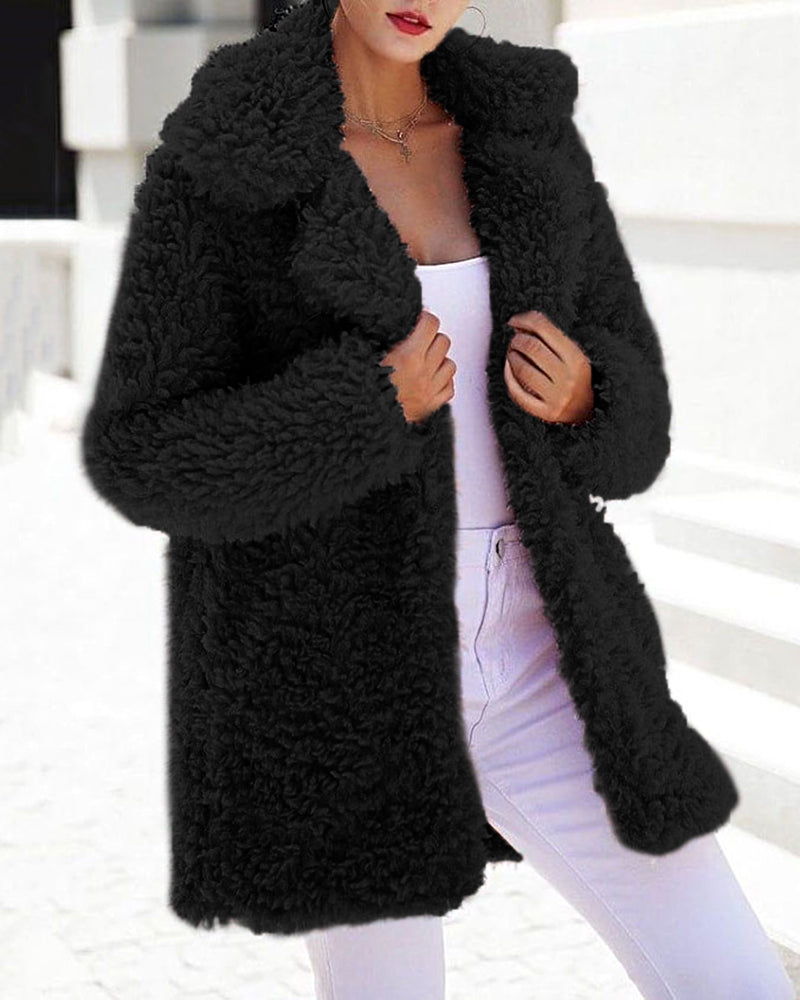 Black oversized fleece teddy jacket, open front, shaggy sherpa texture