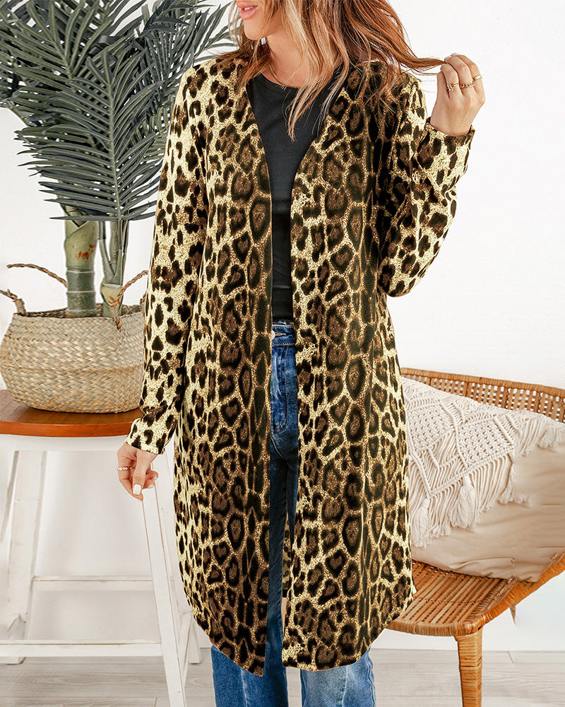 Gold leopard print open-front knit cardigan with long sleeves and open front