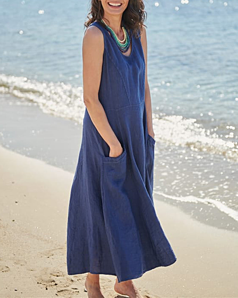 Dark blue sleeveless pocket dress with round neck and side seam pocket
