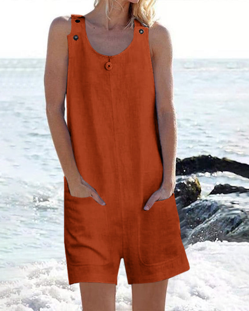 Caramel sleeveless pocket shorts jumpsuit with button placket and scoop neckline