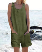 Green sleeveless pocket shorts jumpsuit with button placket and scoop neckline