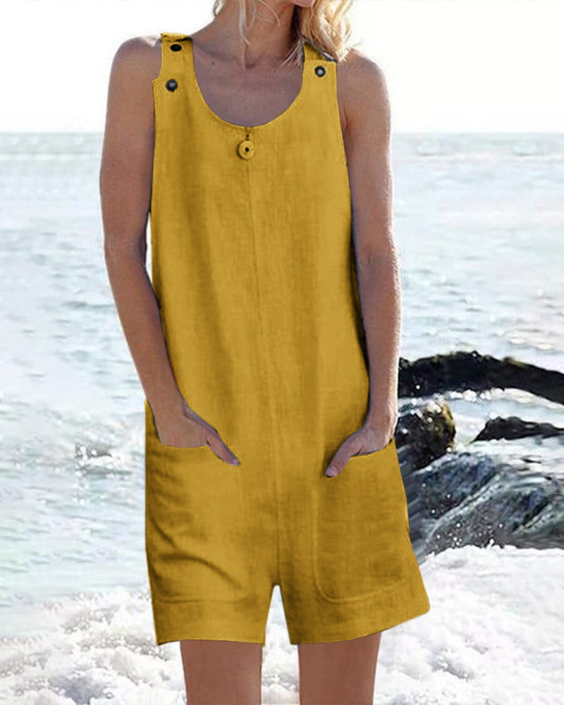 Yellow sleeveless pocket shorts jumpsuit with button placket and scoop neckline