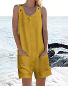 Yellow sleeveless pocket shorts jumpsuit with button placket and scoop neckline