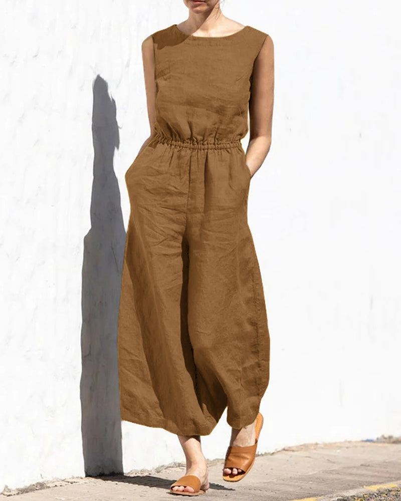 Brown sleeveless long jumpsuit with crew neck, elastic waist, wide legs
