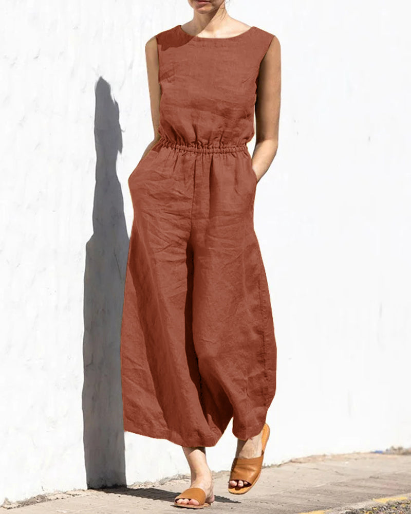 Wine red sleeveless long jumpsuit with crew neck, elastic waist, wide legs