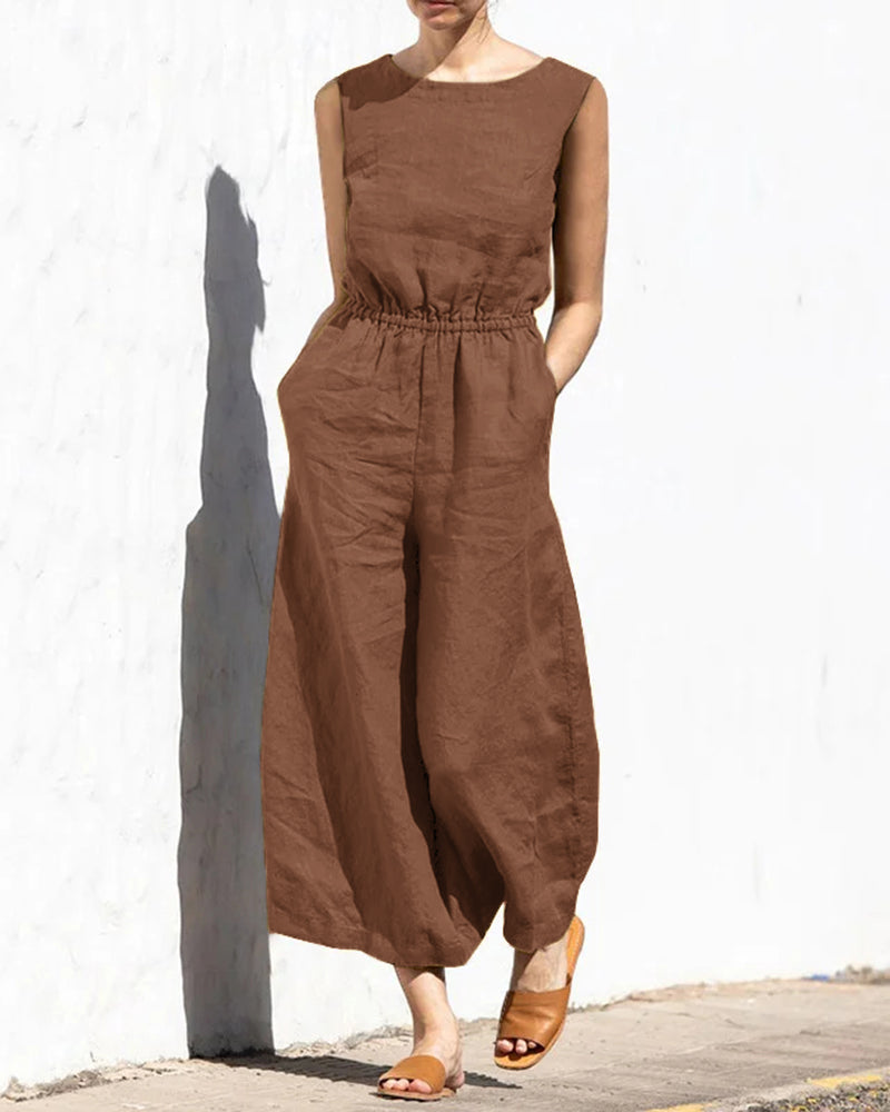 Wide-leg long jumpsuit, sleeveless crew neck, elastic waist, wide cropped legs in brown.