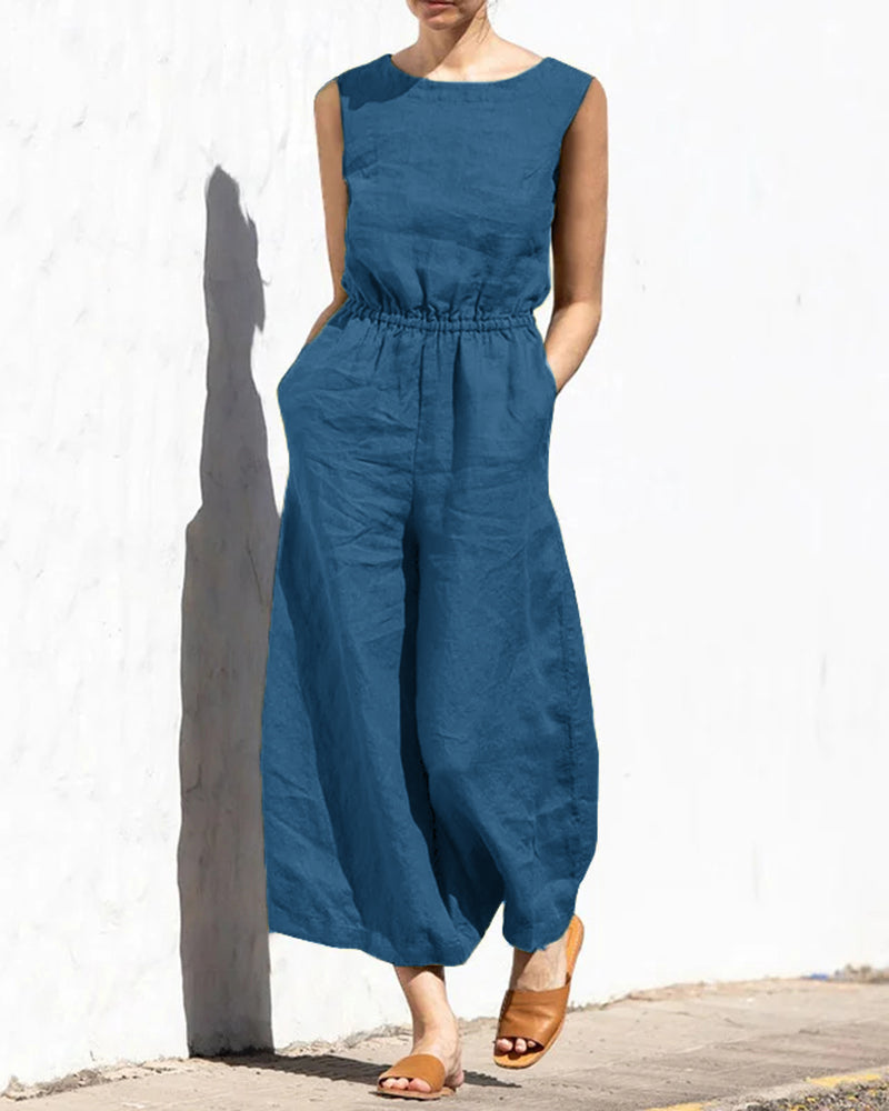 Lake blue sleeveless long jumpsuit with crew neck, elastic waist, wide legs