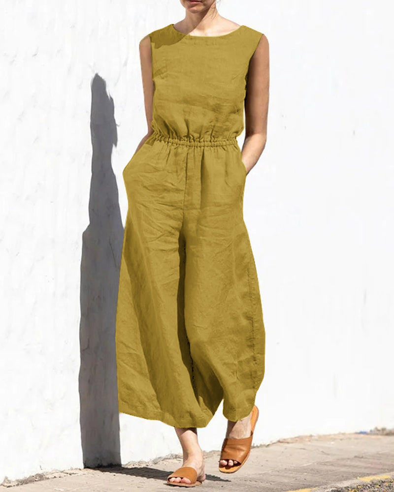 Yellow sleeveless long jumpsuit with crew neck, elastic waist, wide legs