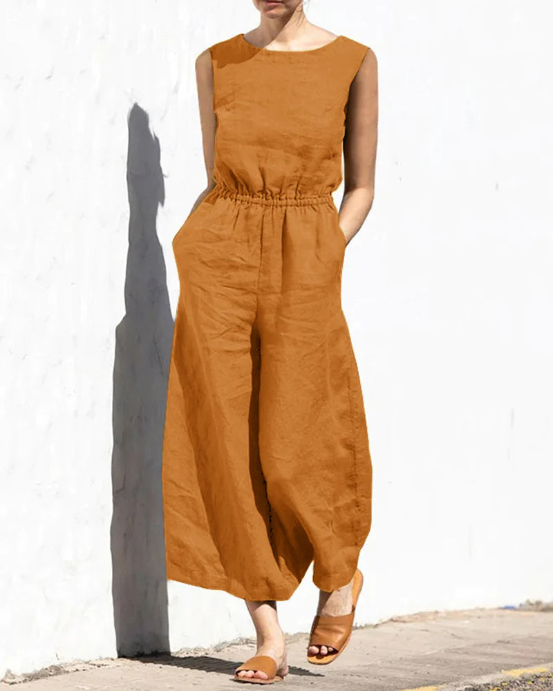 Caramel sleeveless long jumpsuit with crew neck, elastic waist, wide legs