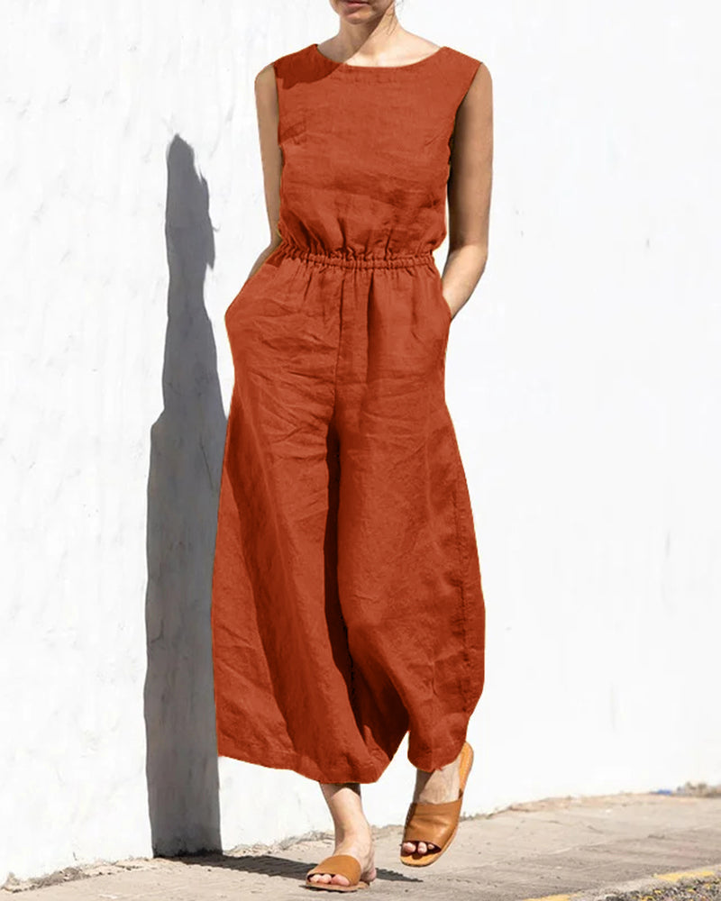 Orange sleeveless long jumpsuit with crew neck, elastic waist, wide legs