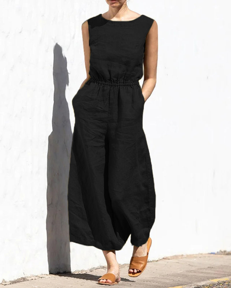 Black sleeveless long jumpsuit with crew neck, elastic waist, wide legs