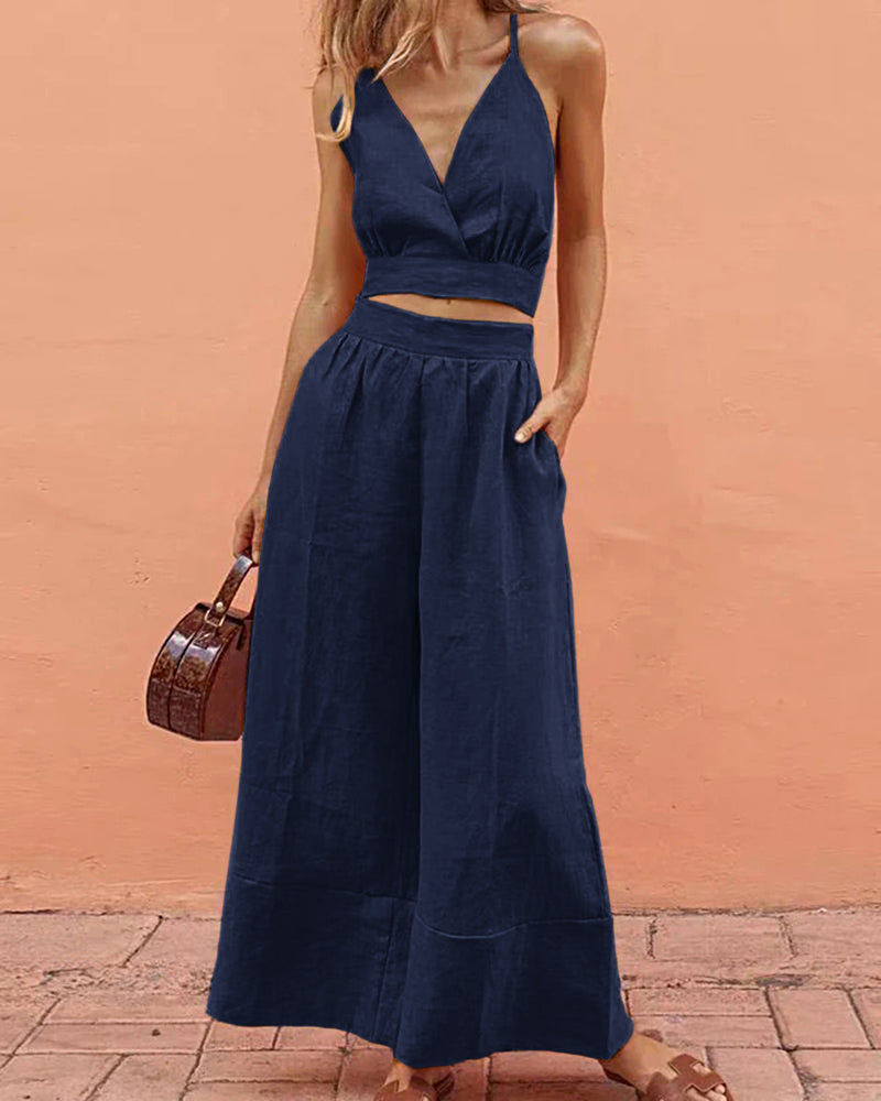 Blue lace-up crop tank and long pants set, V-neck wrap bodice, wide-leg pants