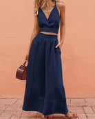 Blue lace-up crop tank and long pants set, V-neck wrap bodice, wide-leg pants
