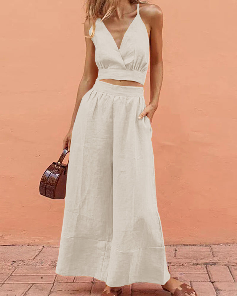 Beige lace-up crop tank and long pants set, V-neck wrap bodice, wide-leg pants