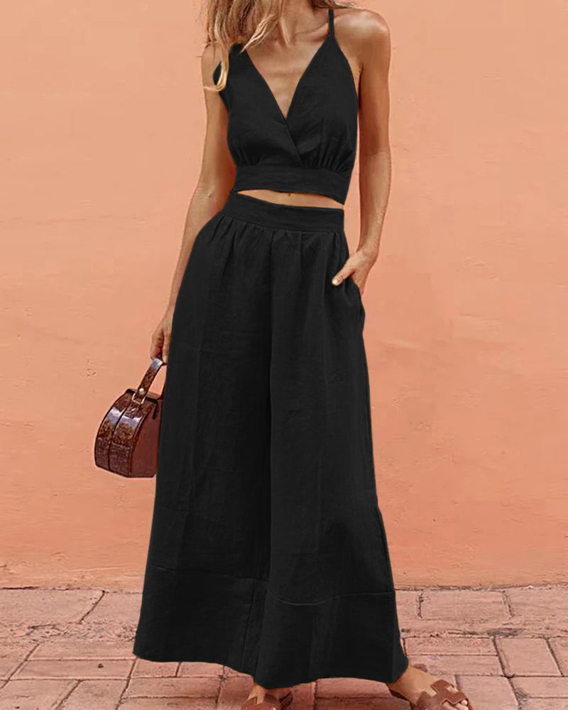 Black lace-up crop tank and long pants set, V-neck wrap bodice, wide-leg pants
