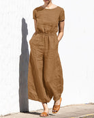 Cotton-linen wide-leg jumpsuit, camel brown, short sleeves, elastic waist, roomy wide legs