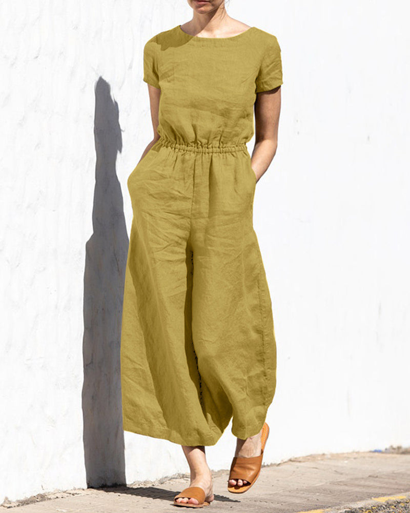 Cotton-linen wide-leg jumpsuit, mustard yellow, short sleeves, elastic waist, wide legs