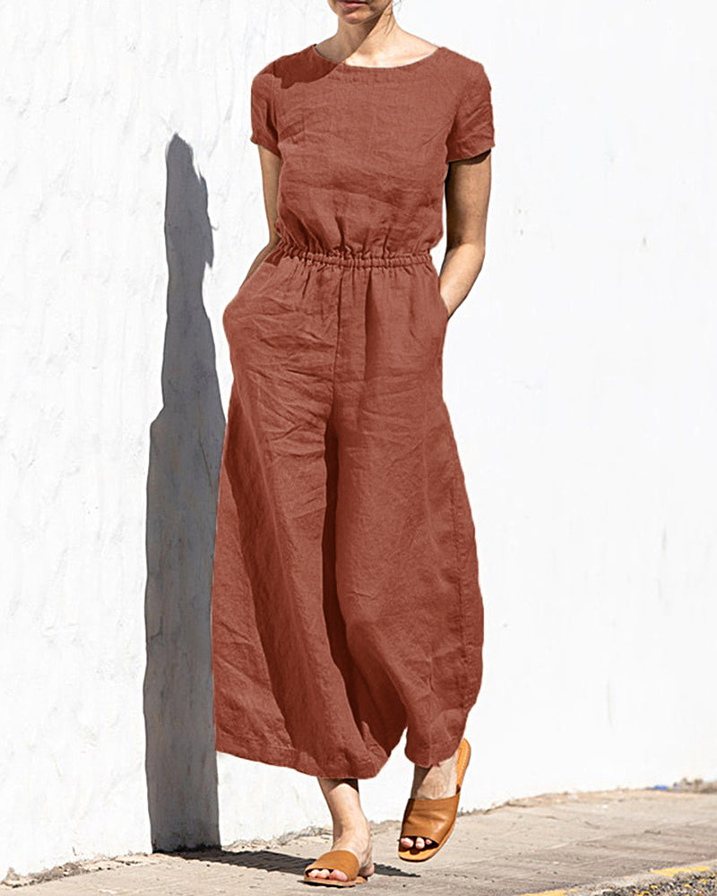 Cotton-linen wide-leg jumpsuit, rust red, short sleeves, elastic waist, loose wide legs