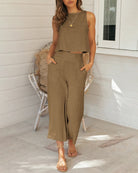 Brown sleeveless crop top and wide-leg pants two-piece set