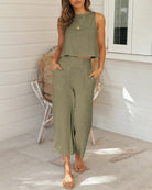 Green sleeveless crop top and wide-leg pants two-piece set