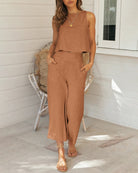 Apricot sleeveless crop top and wide-leg pants two-piece set