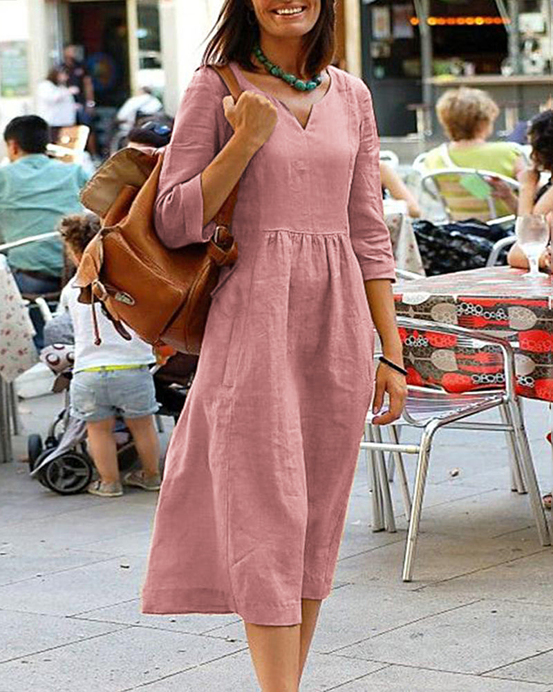 Pink loose cotton linen beach dress with V-neck, 3/4 sleeves, and gathered waist