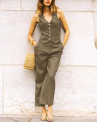 Green tank top and wide-leg pants suit, sleeveless V-neck with button front