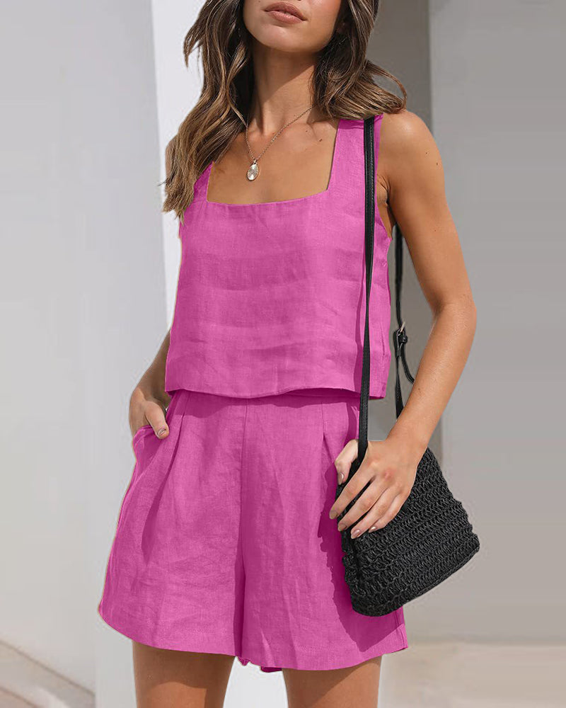 Sleeveless crop top and shorts set, rose red, square neckline