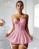 Pink lace patchwork nightdress with underwire balconette cups and corset lace detail