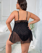 Black plus size lace nighty, open back with thin straps, sheer babydoll skirt