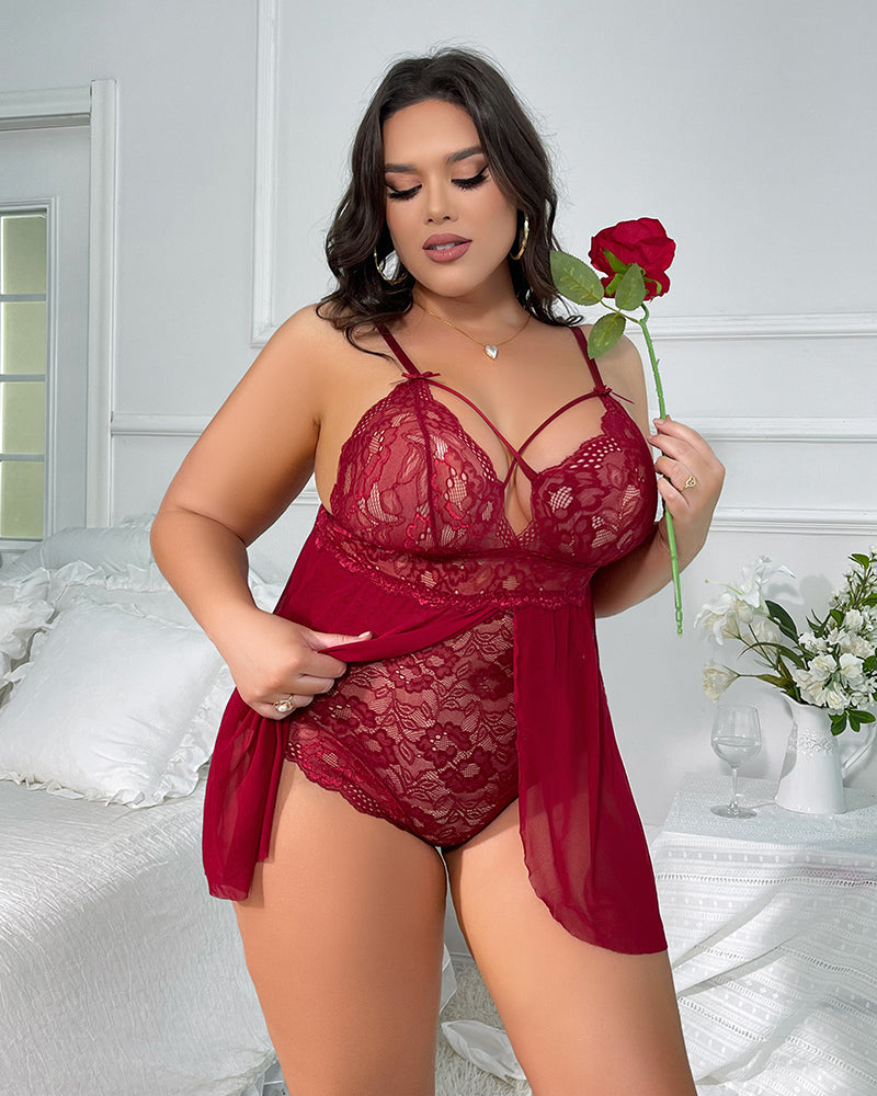 Wine red lace snap-crotch nighty with tie straps, sheer babydoll overlay