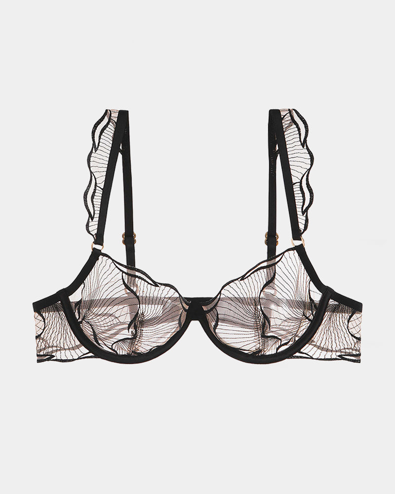 Ruffle shoulder strap bra with black trim and patterned cups