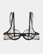 Ruffle shoulder strap bra showing black underband and adjustable straps