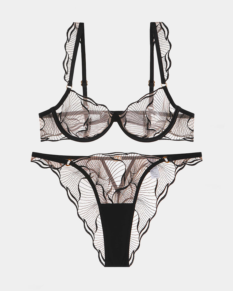 Black ruffle-shoulder strap bra and panty set in sheer lace with scalloped trim