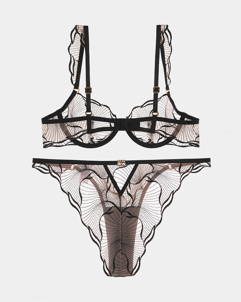 Black ruffle-shoulder bra and thong panty set in sheer lace with scalloped edges