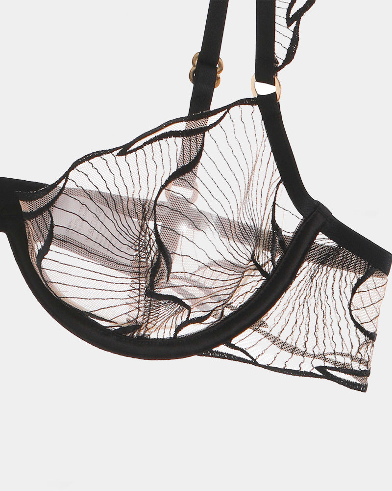 Black lace bra cup with underwire and adjustable shoulder strap, ruffle edging