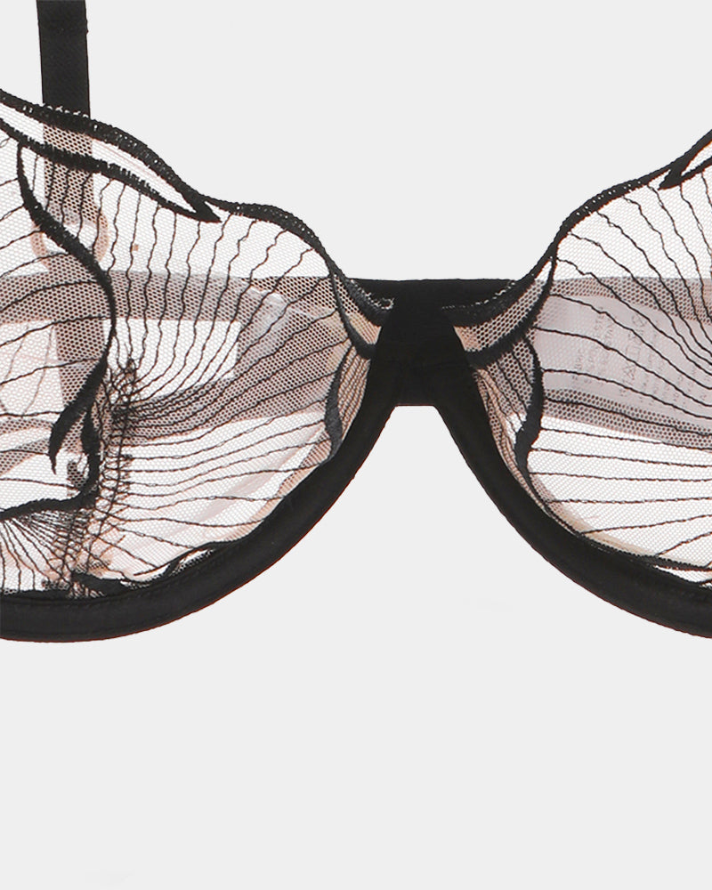 Black lace bra cups with sheer mesh pattern and center gore