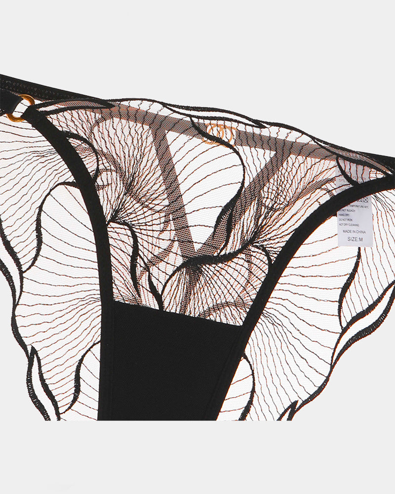 Black sheer lace panty with mesh pattern and scalloped lace trim
