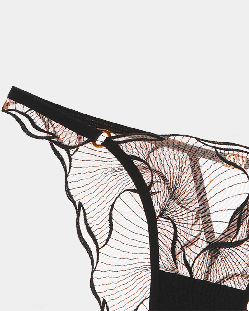 Black ruffle-strap bra and panty set, panty with lace-mesh and scalloped edges
