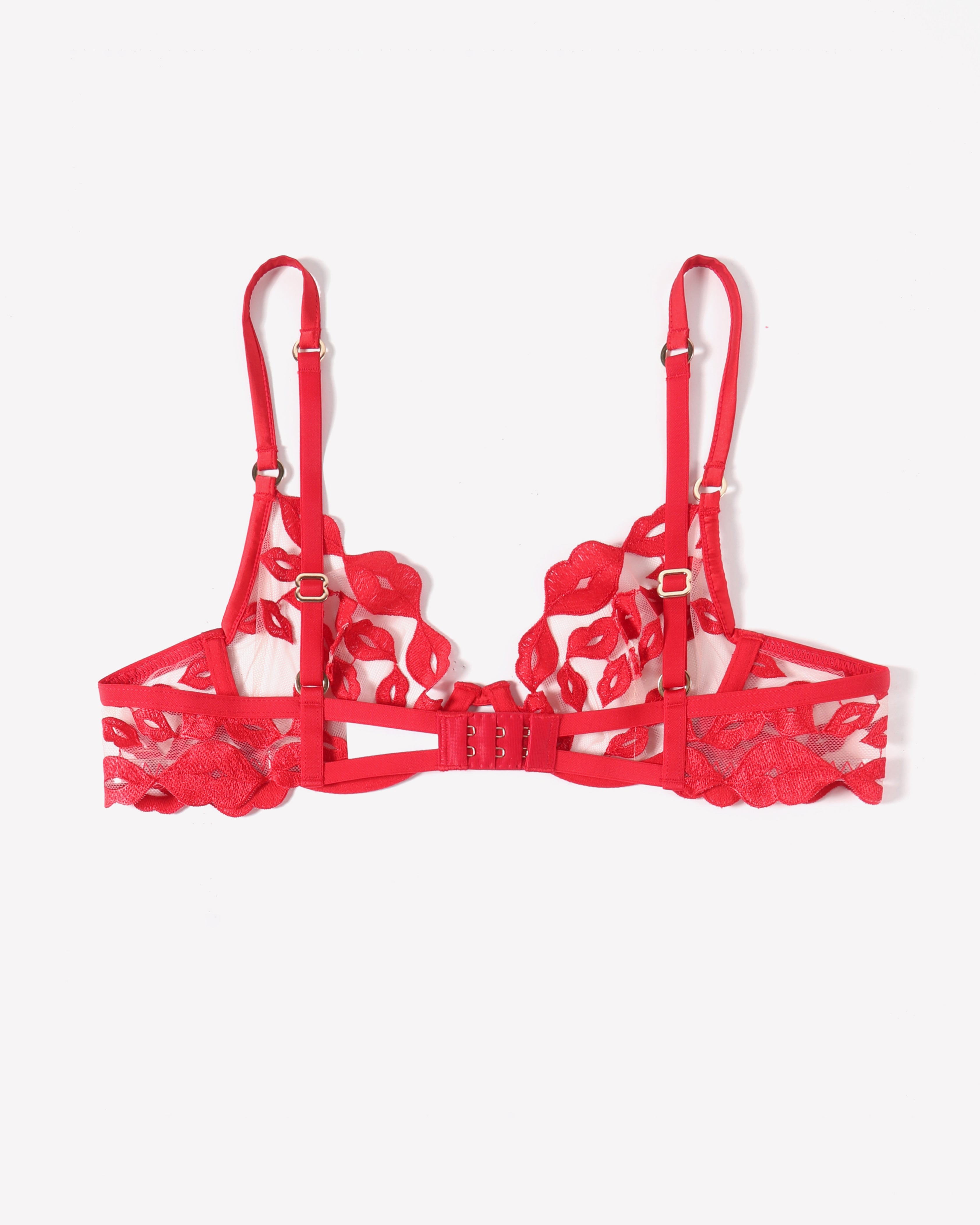 Red lace bra with kiss-print embroidery, adjustable straps, hook-and-eye back closure