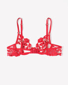 Red lace bra with kiss-print embroidery, adjustable straps, hook-and-eye back closure