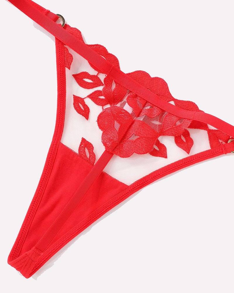 Red thong with kiss-print lace mesh panel and scalloped trim
