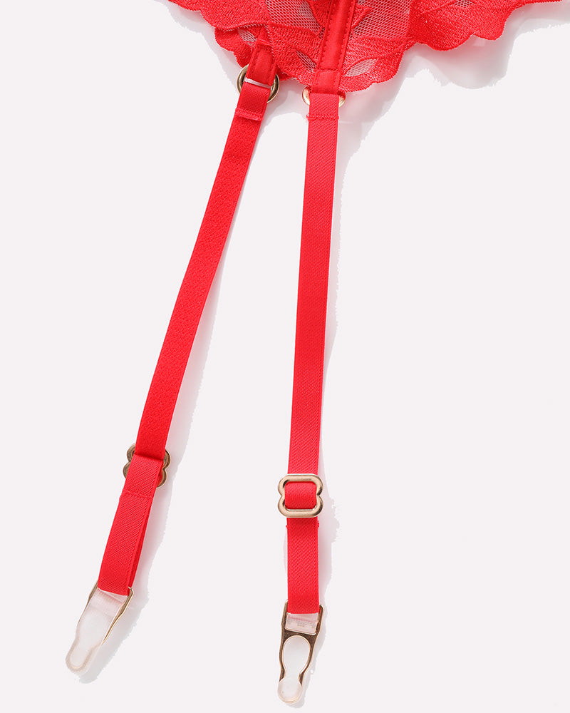 Red garter straps with metal adjusters and hook clasps