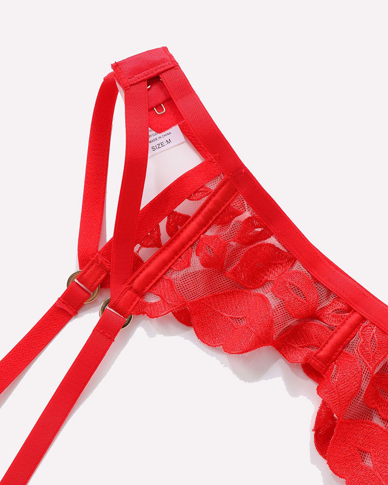 Red garter waistband with kiss-print lace and adjustable straps