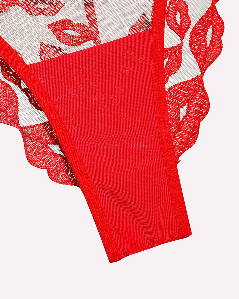 Red thong with mesh base and kiss-print embroidered lace