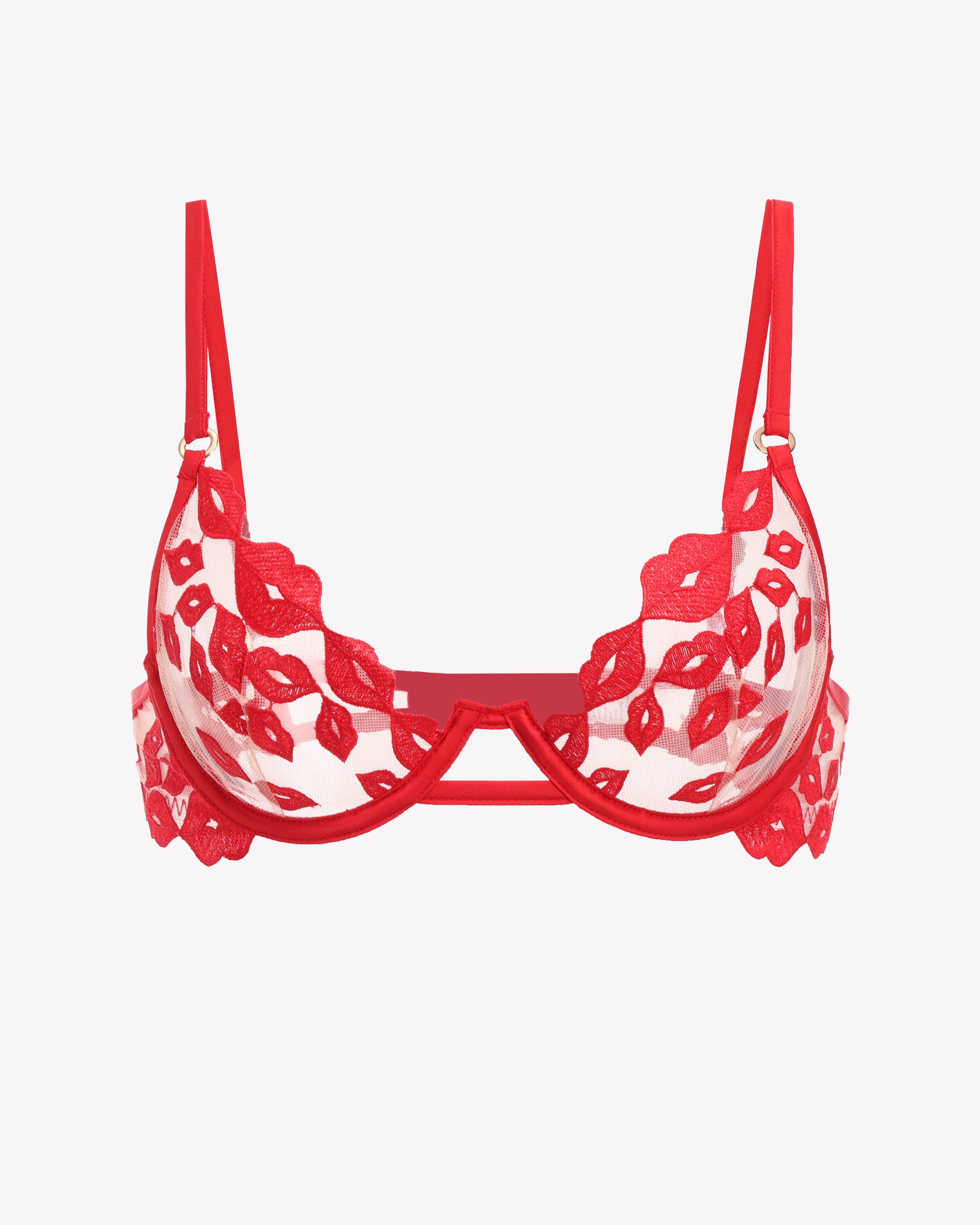 Red lace bra with kiss-print embroidery and adjustable garter straps